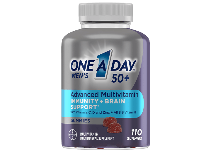 silver and purple bottle of men's one a day® 50 plus advanced multivitamin gummies