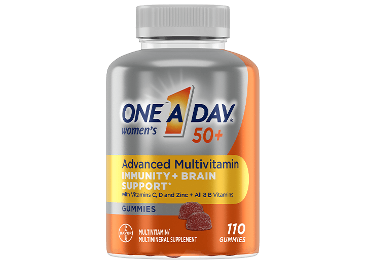 silver and orange bottle of womens one a day® 50 plus advanced multivitamin gummies