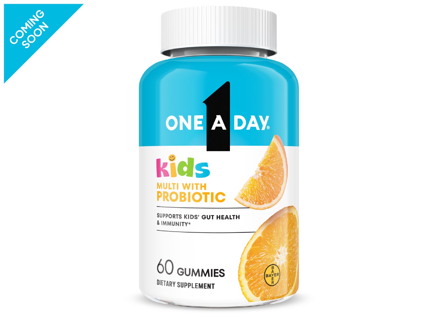 aqua blue and white bottle of One A Day® Kids Multi with Probiotic Gummies
