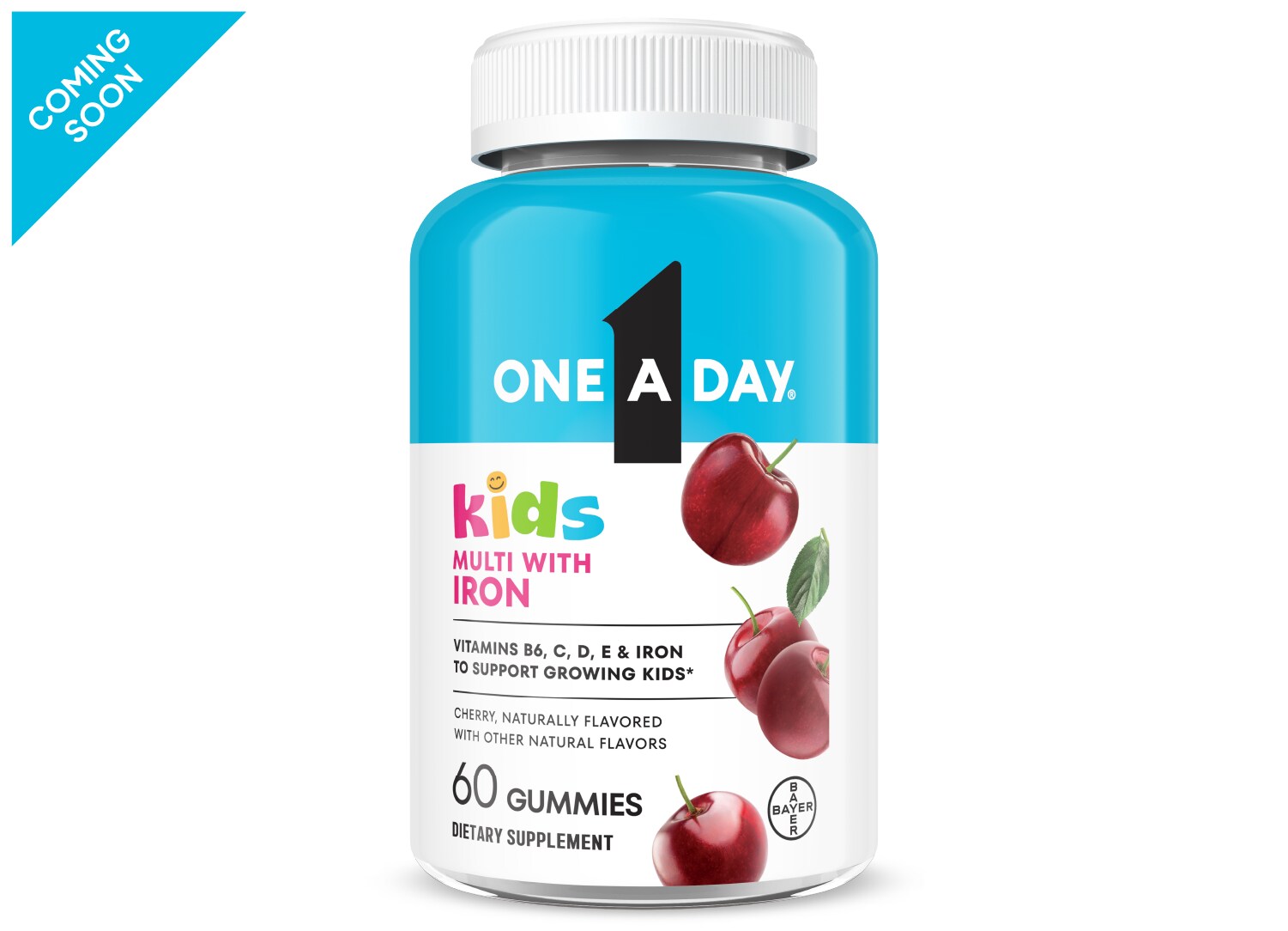 aqua blue and white bottle of One A Day® Kids Multi with Iron Gummies