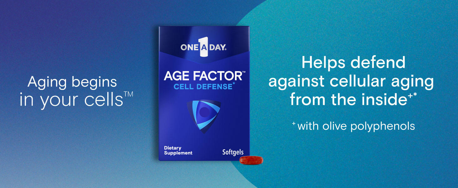 One A Day® Age Factor™ Cell Defense box sitting on a blue background