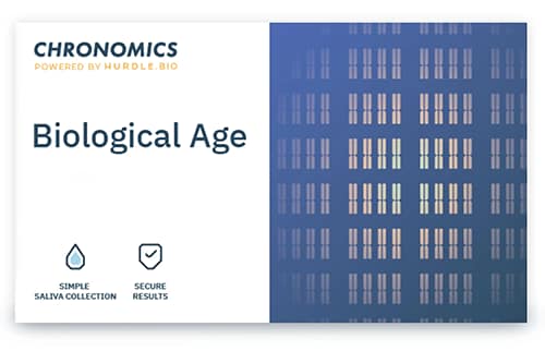 white and blue card with the text chronomics and biological age