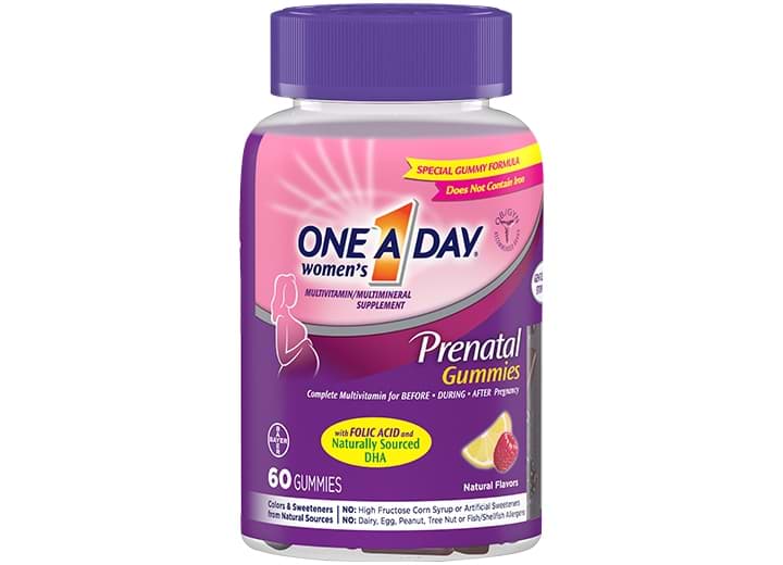 pink and purple bottle of one a day® prenatal gummies 