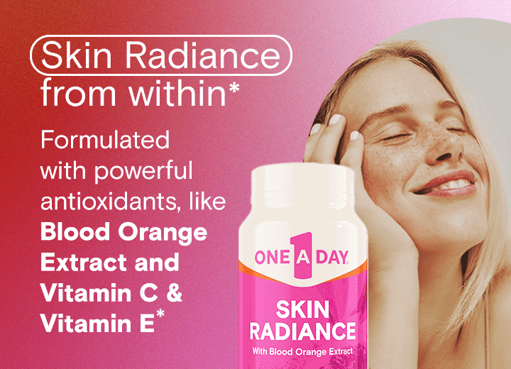 young woman smiling next to a pink and white bottle of One A Day® Skin Radiance