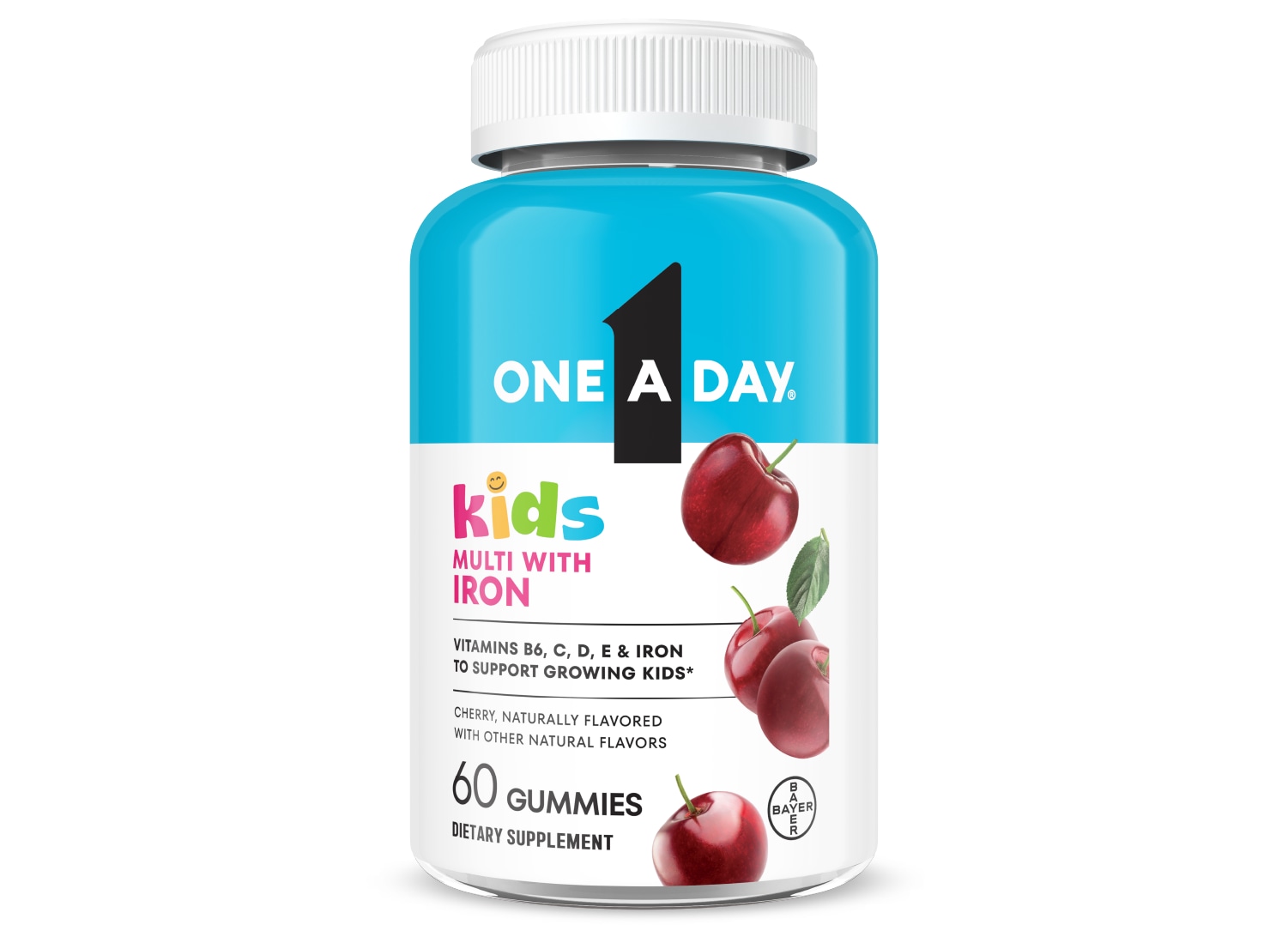 aqua blue and white bottle of One A Day® Kids Multi with Iron Gummies
