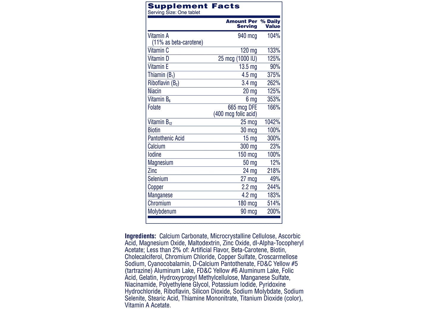 One A Day® Women’s 50+ Complete Multivitamin Detailed Supplement Facts