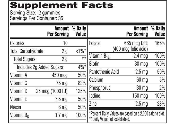 Supplement Facts for One A Day® Women’s VitaCraves® Gummies