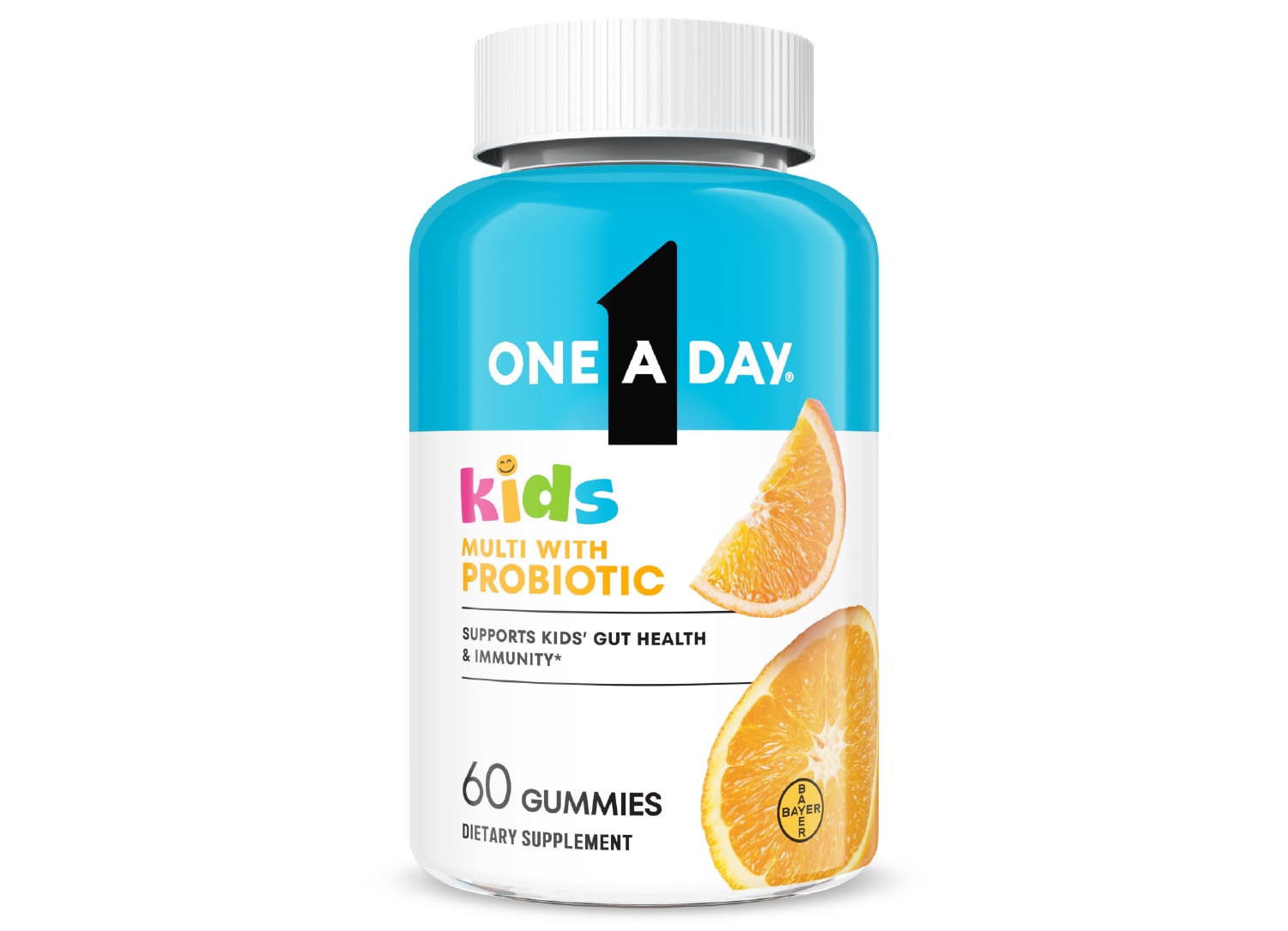aqua blue and white bottle of One A Day® Kids Multi with Probiotic Gummies