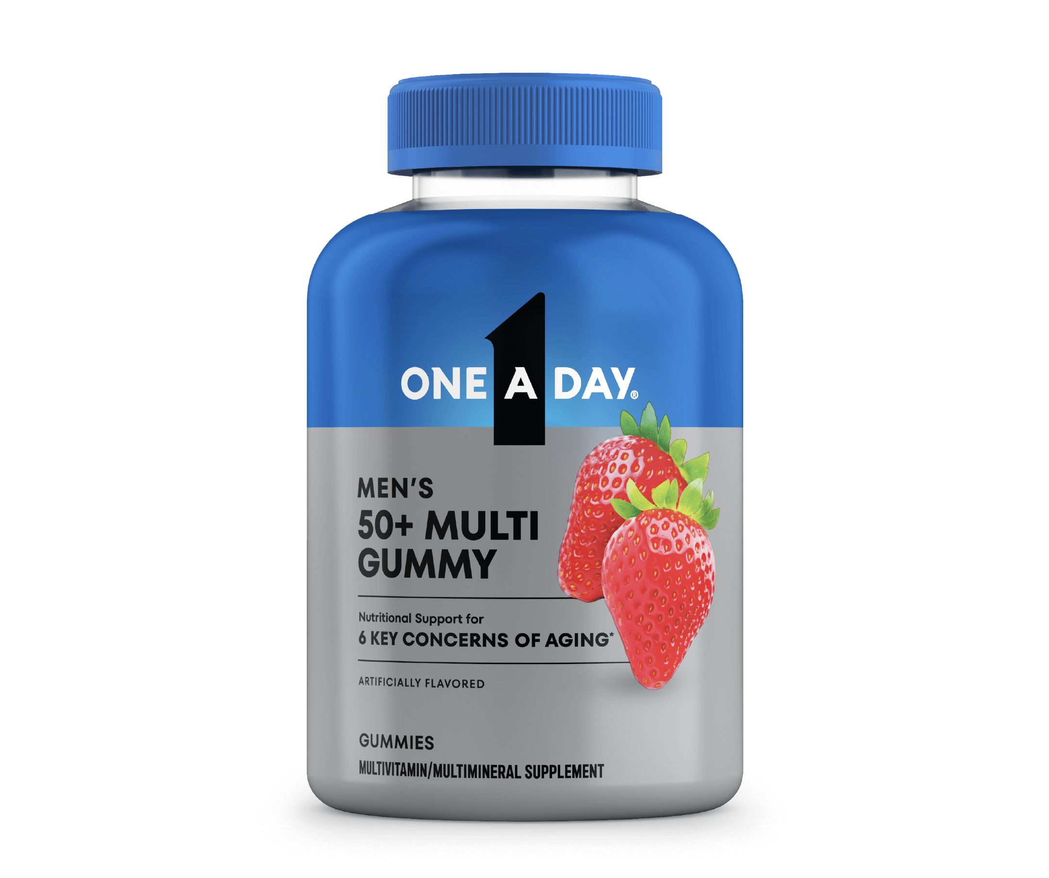 A bottle of One A Day® Men’s 50+ Multi Gummy that offers nutritional support for 6 key concerns for aging*. 