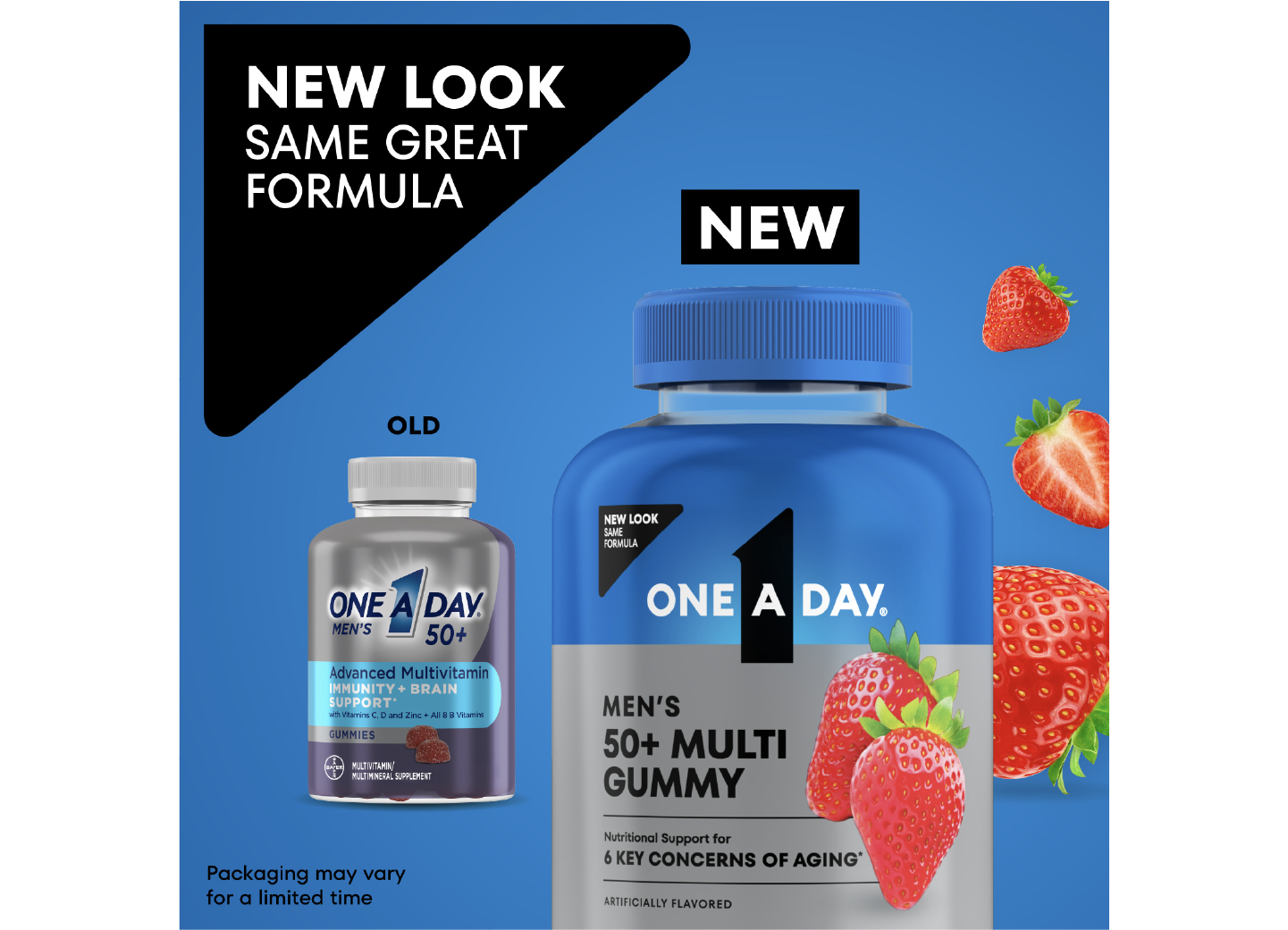 Old vs. new packaging of One A Day® Men's 50+ Advanced Multivitamin with Immunity + Brain Support* Gummies. 