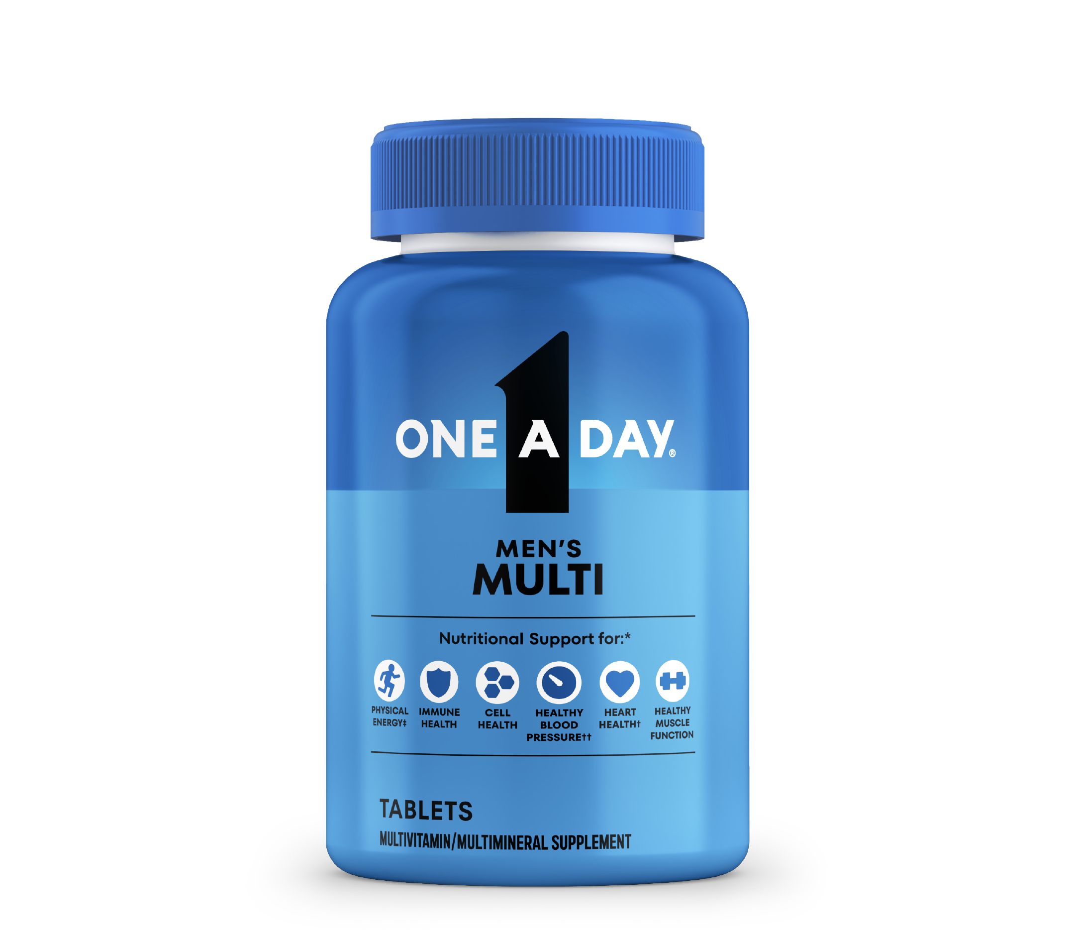 A blue bottle of One A Day® Men’s Multi. 