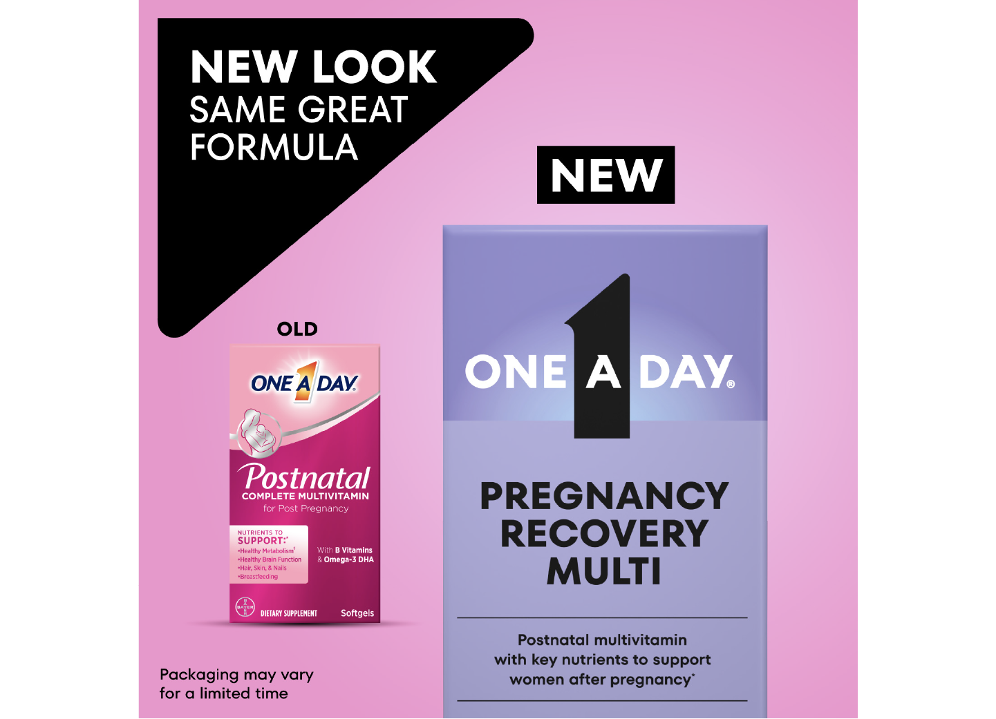 Old vs. new One A Day® Pregnancy Recovery Multi packaging. New pack features updated graphics and colors.