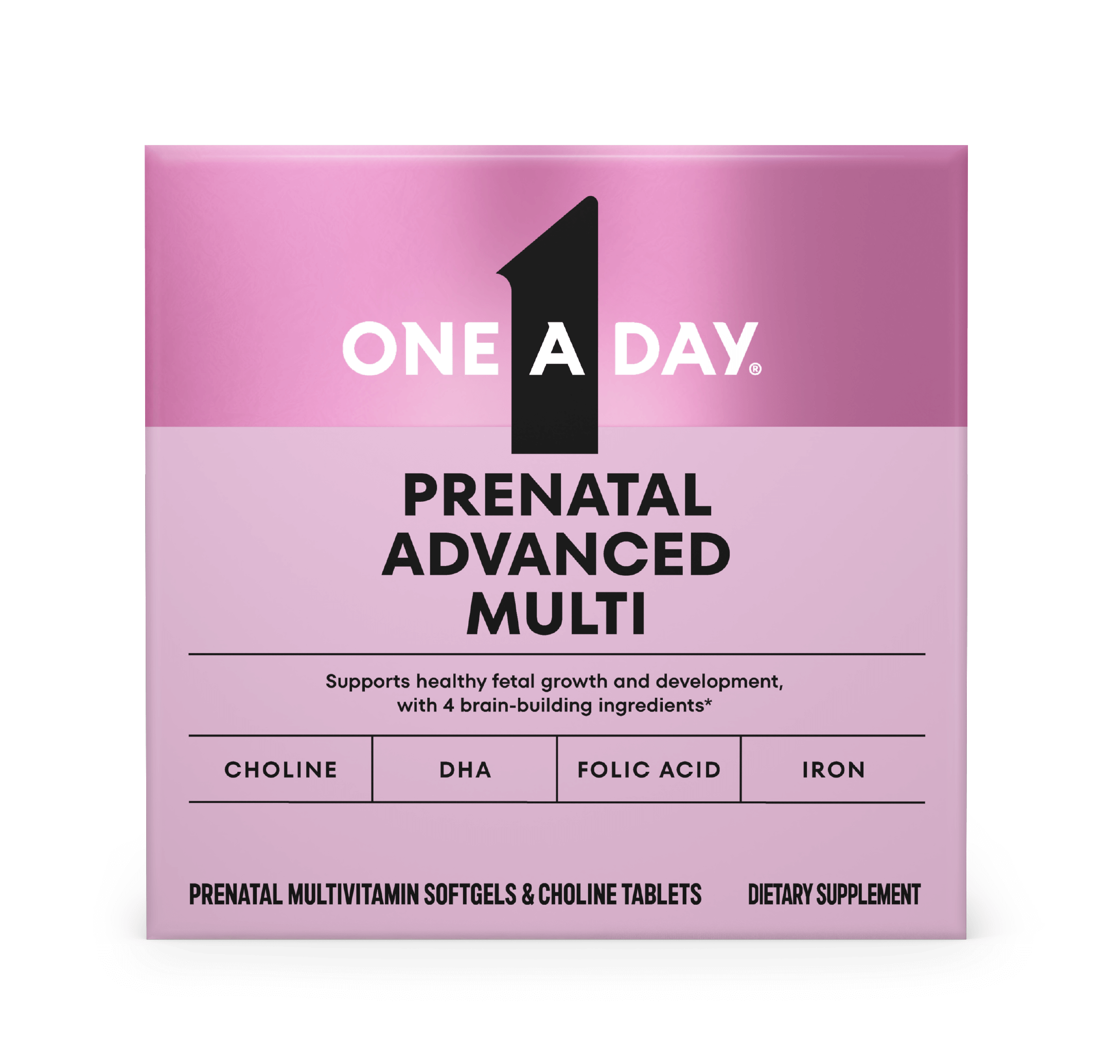 A pack of One A Day® Prenatal Advanced Multi softgels and choline tablets which contains DHA, folic acid and iron.