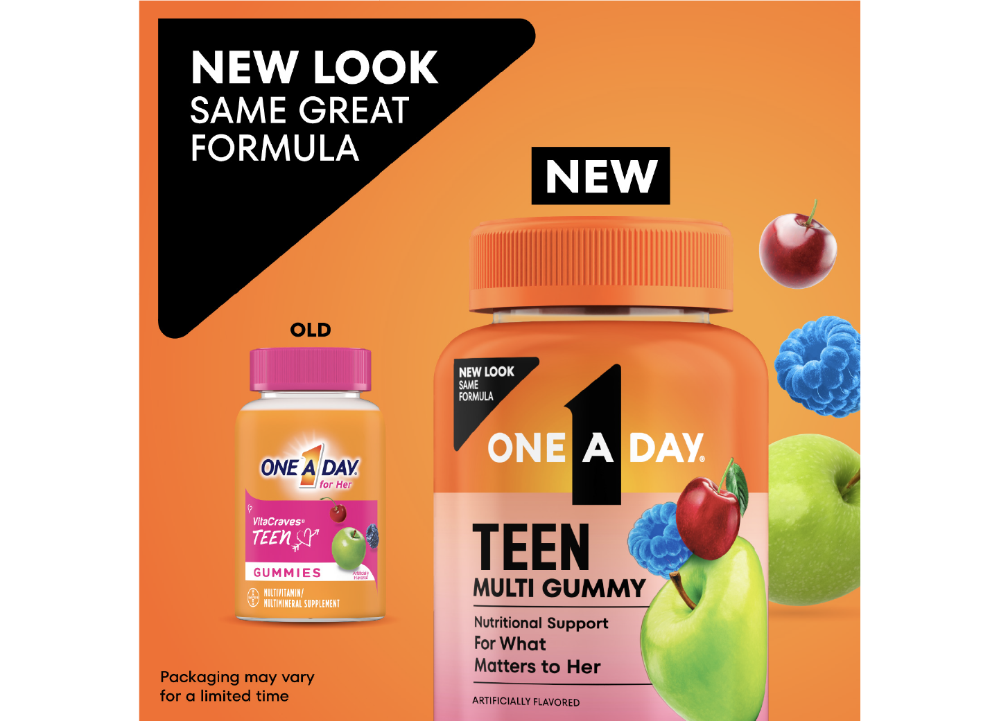 Old vs. new One A Day® Teen Multi Gummy for young women and teens packaging. New pack features updated graphics.
