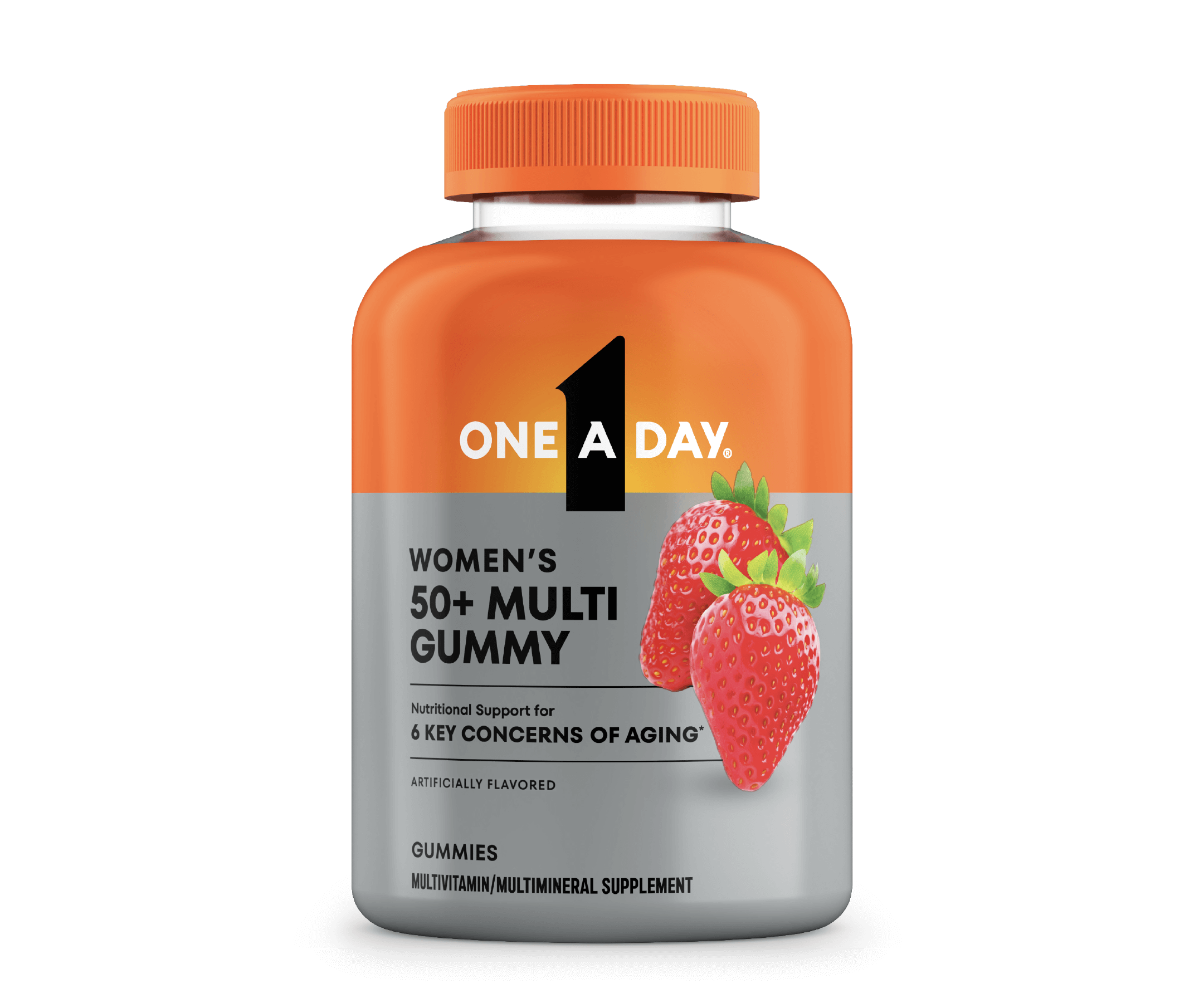A bottle of One A Day® Women’s 50+ Multi Gummy that offers nutritional support for 6 key concerns for aging*. 