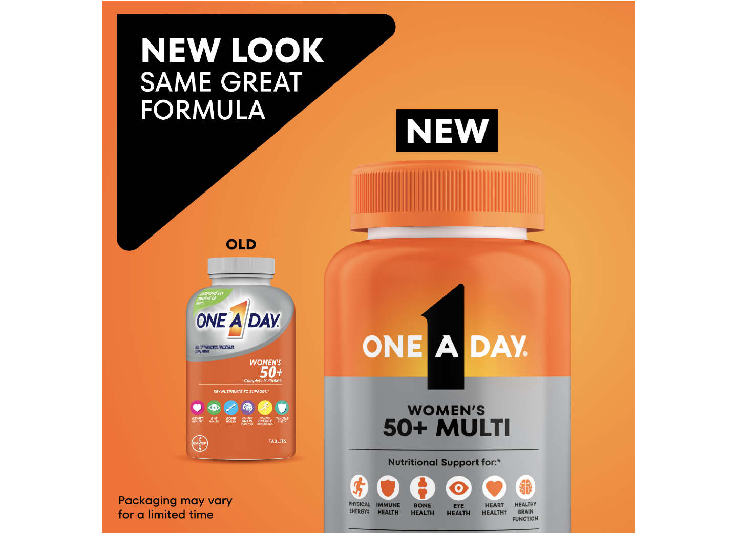 Old vs. new One A Day® Women’s 50+ Multi packaging. New pack features updated graphics and colors. 