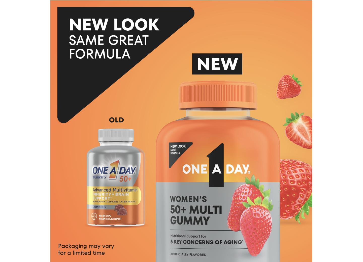 Old vs. new packaging of One A Day® Women’s 50+ Multi Gummy. New pack features updated graphics.