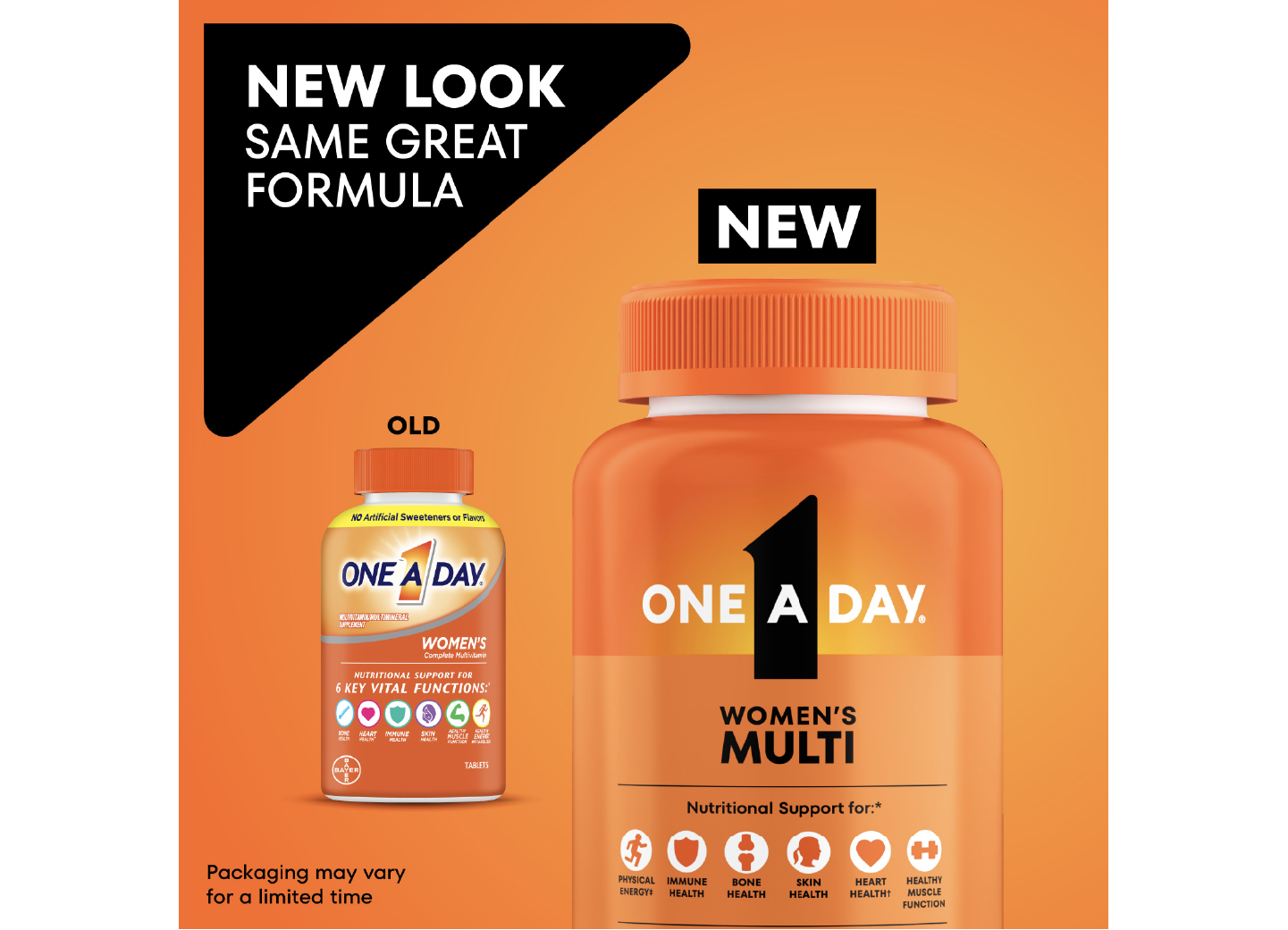 Old vs. new One A Day® Women’s Complete Multivitamin packaging. New pack features updated graphics and colors.
