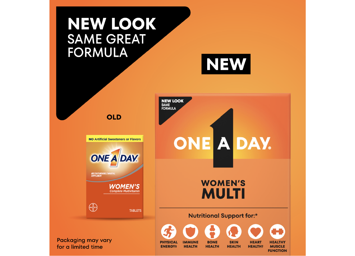 Old vs. new carton of One A Day® Women’s Multi tablets.