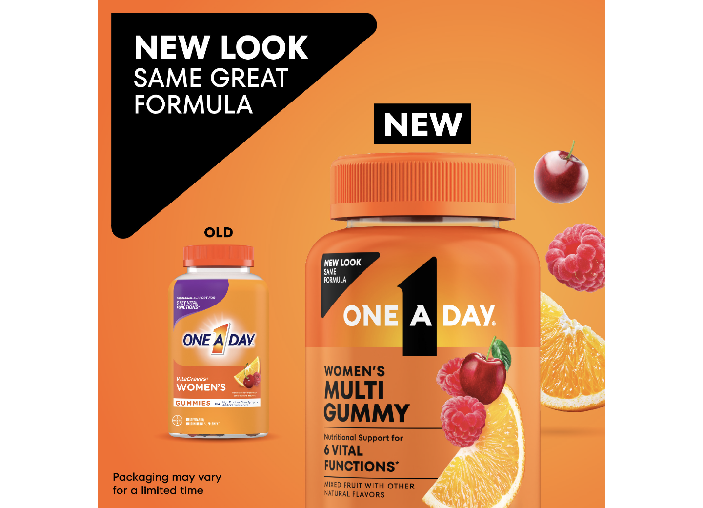 Old vs. new packaging of One A Day® Women’s Multi Gummy. New pack features updated graphics and colors.