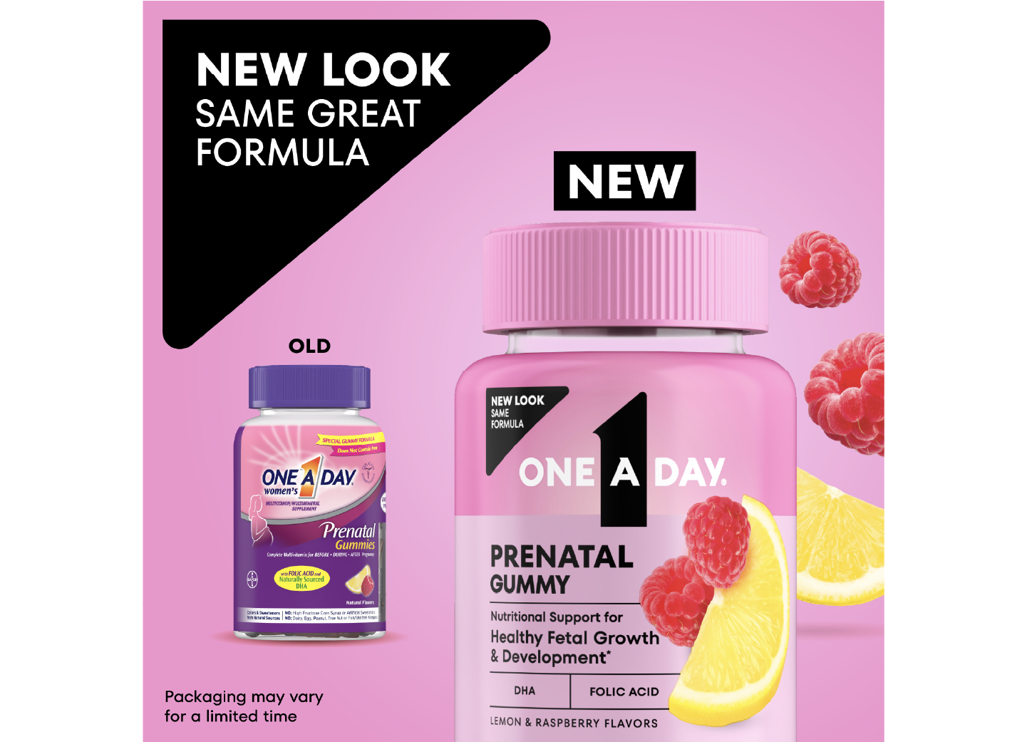 Old vs. new One A Day® Women’s Prenatal Gummies packaging. New pack features updated graphics and colors.