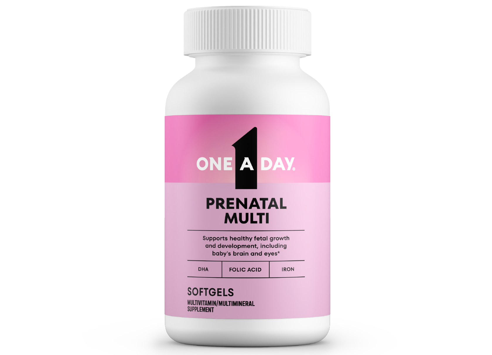 A white bottle of One A Day® Prenatal Multi Softgels which contains DHA, folic acid and iron. 