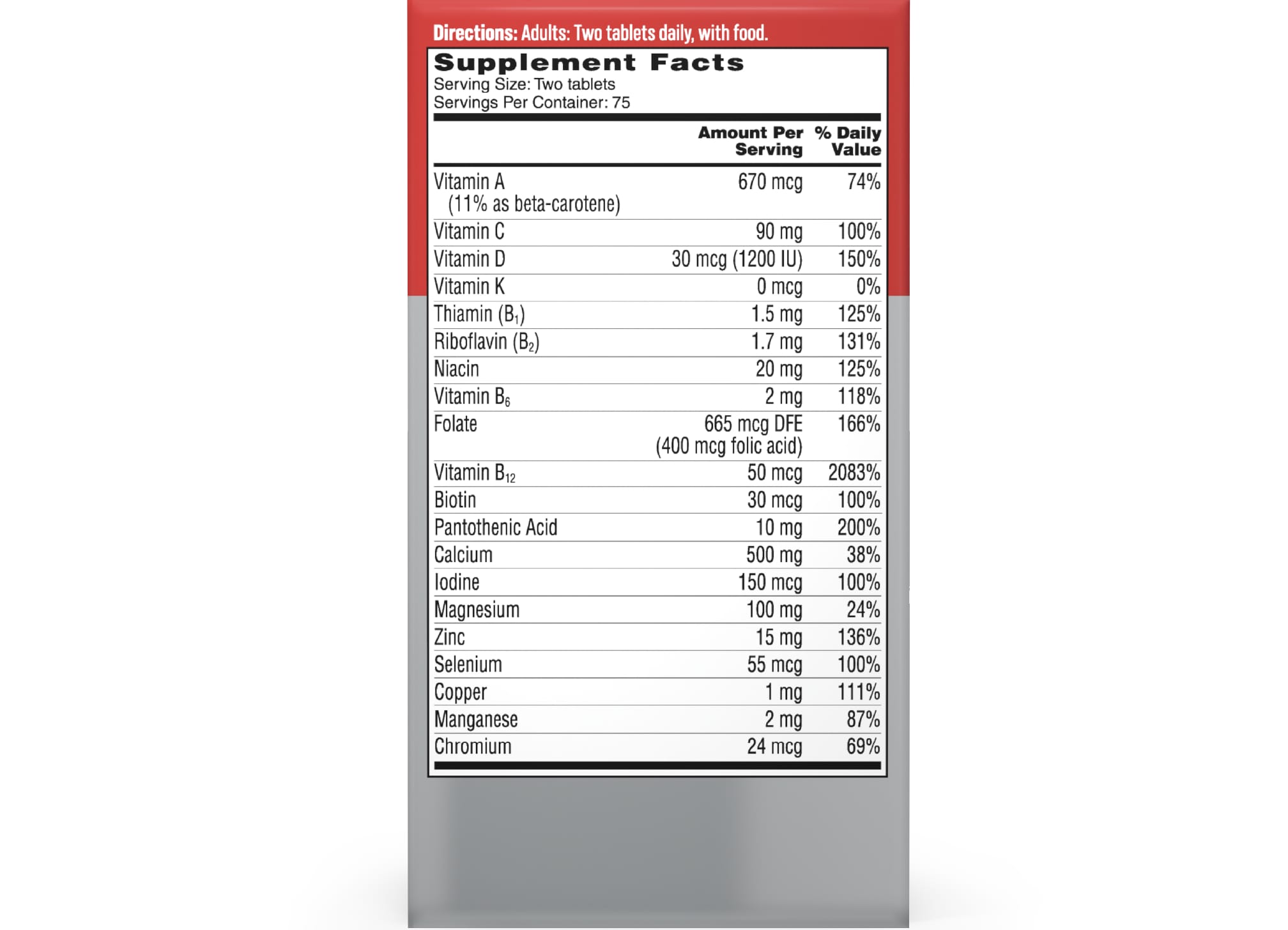 Supplement Facts label showing nutritional information and ingredients for One A Day® Men & Women’s 65+ Multi.