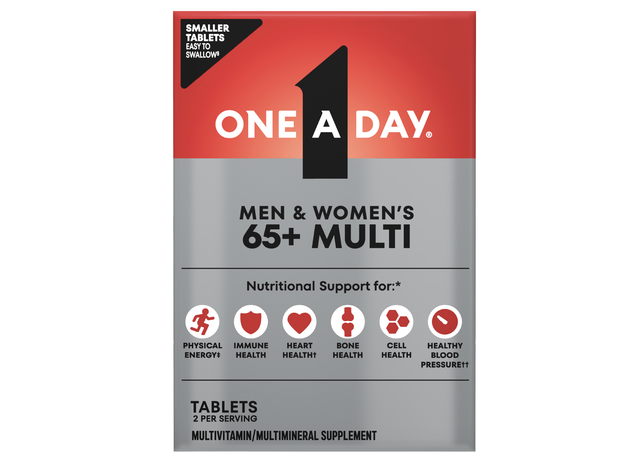 Red-gray pack of One A Day® Men & Women’s 65+ Multi, a multivitamin supplement for men and women.