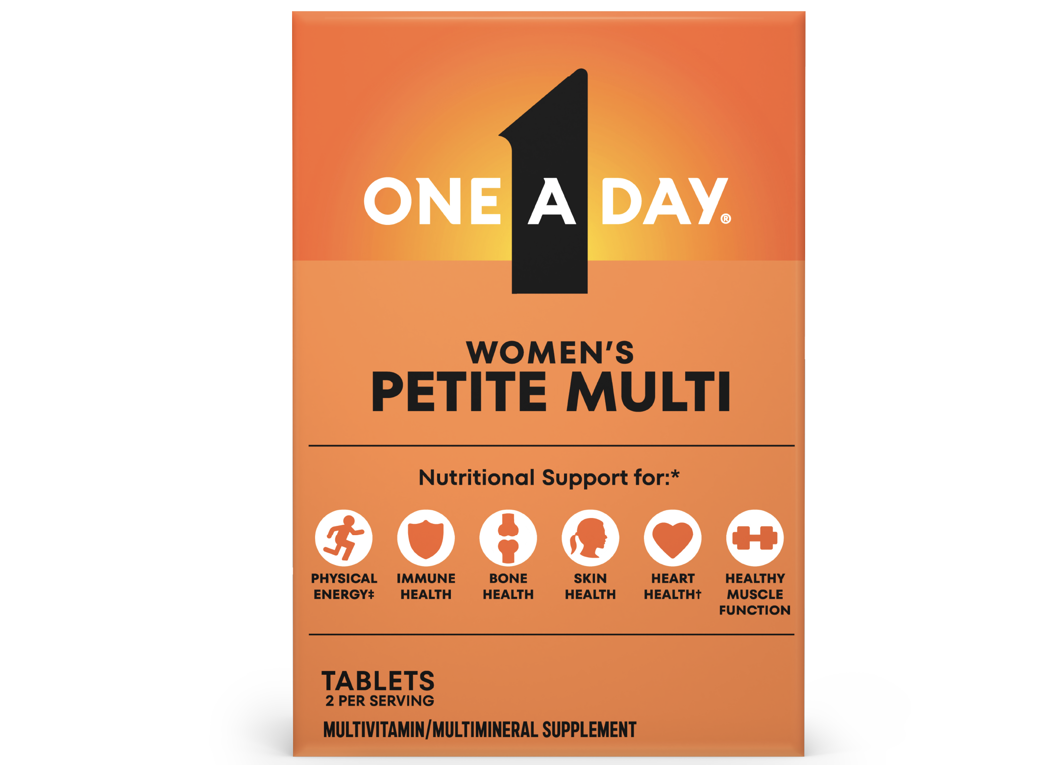 Orange pack of One A Day® Women’s Petite Multi, a complete multivitamin supplement for women.