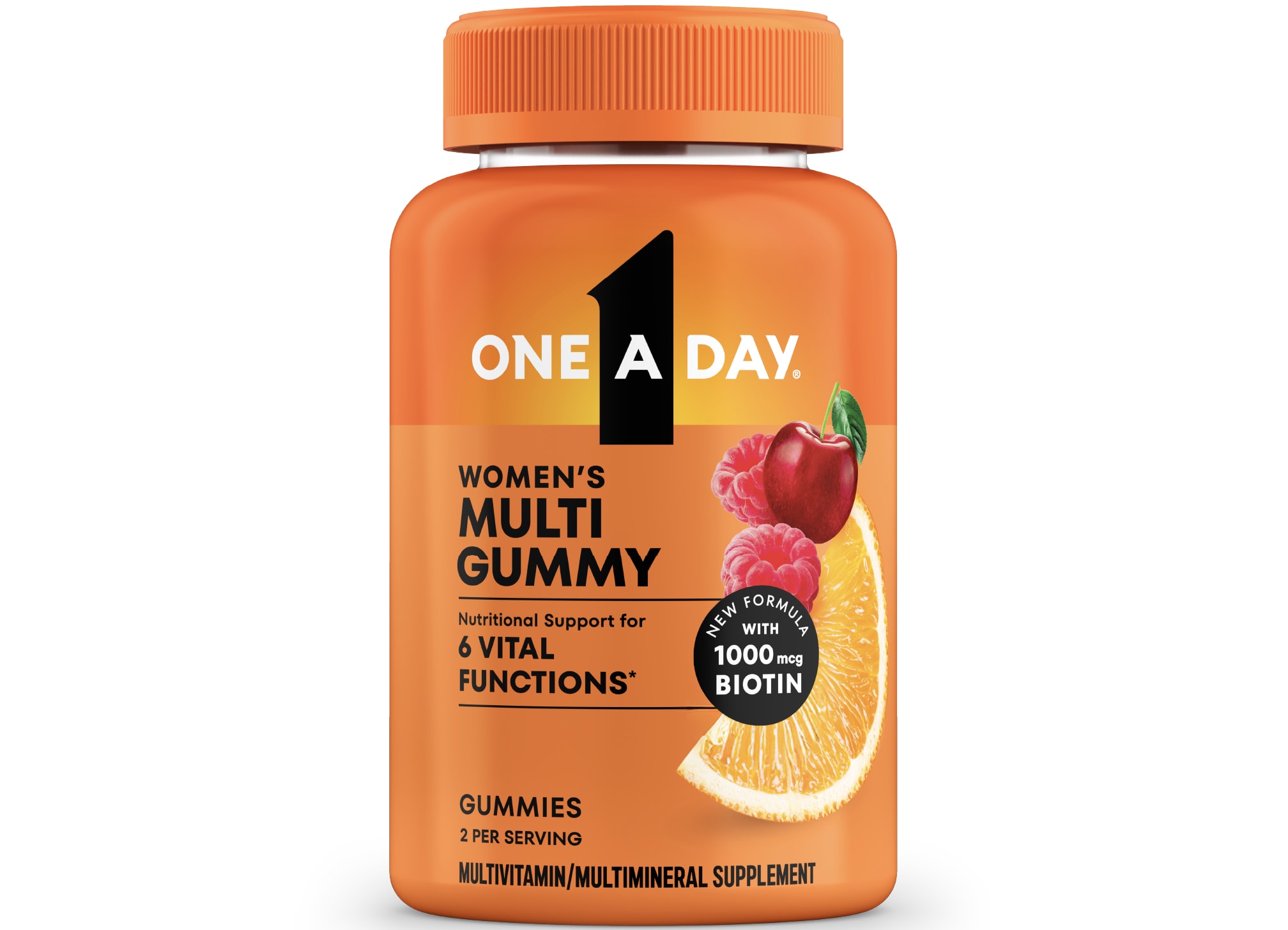 Orange bottle of One A Day® Women’s Multi Gummy dietary supplement.
