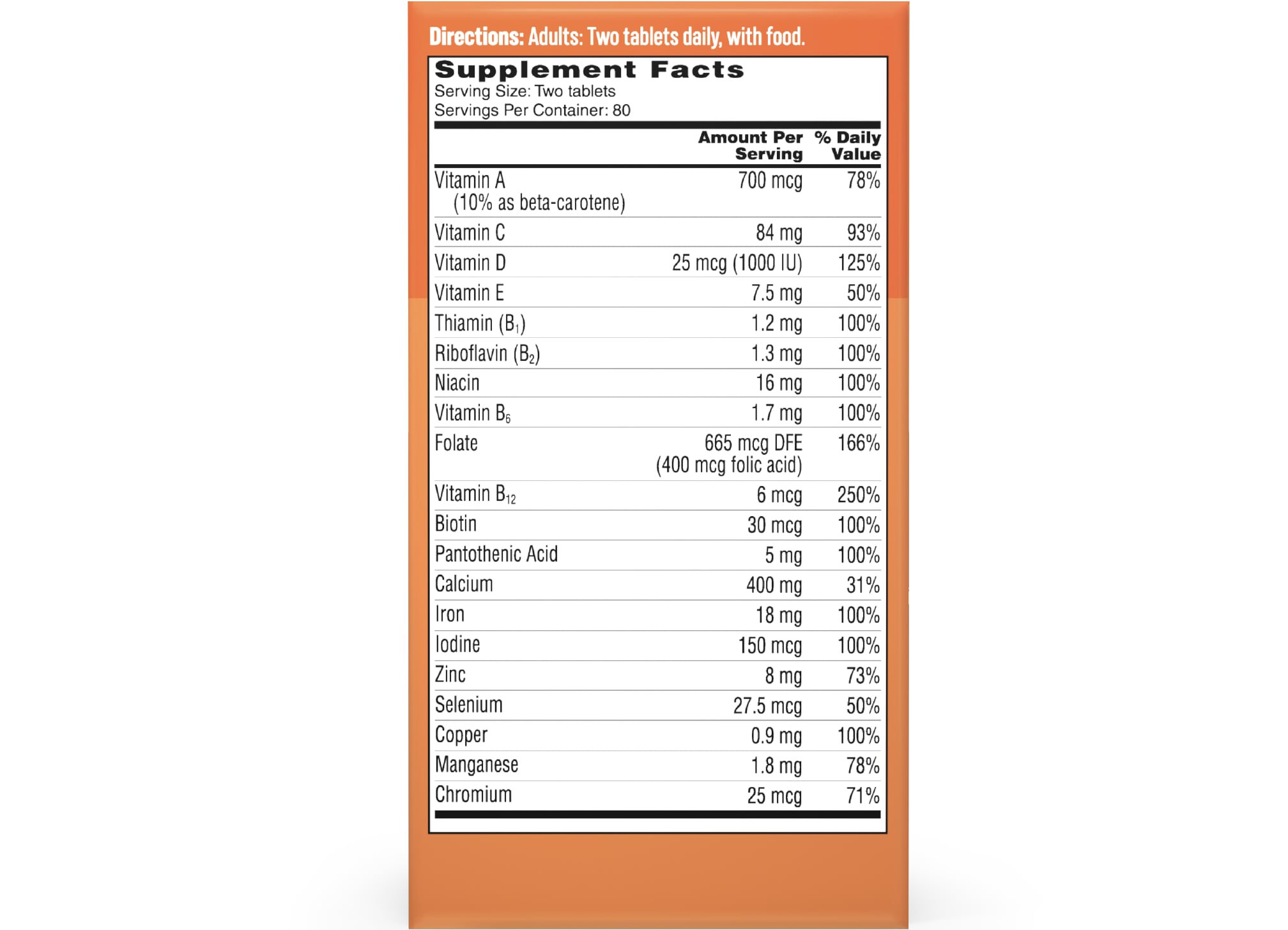 Supplement Facts label showing nutritional information ingredients for One A Day® Women’s Petite Multi.