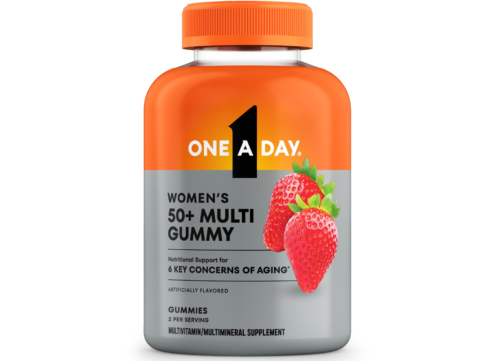 A bottle of One A Day® Women’s 50+ Multi Gummy that offers nutritional support for 6 key concerns for aging*. 