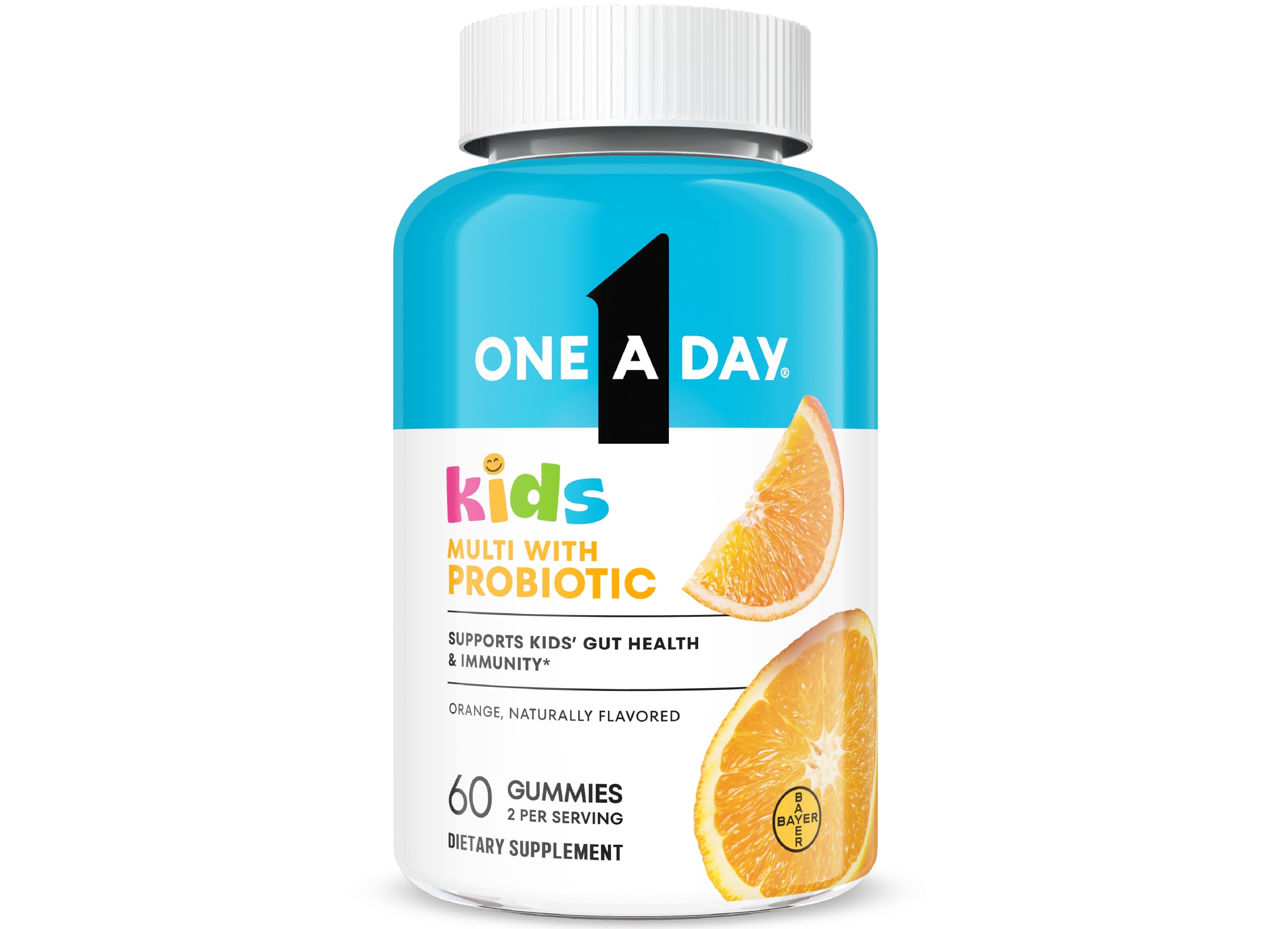 aqua blue and white bottle of One A Day® Kids Multi with Probiotic Gummies