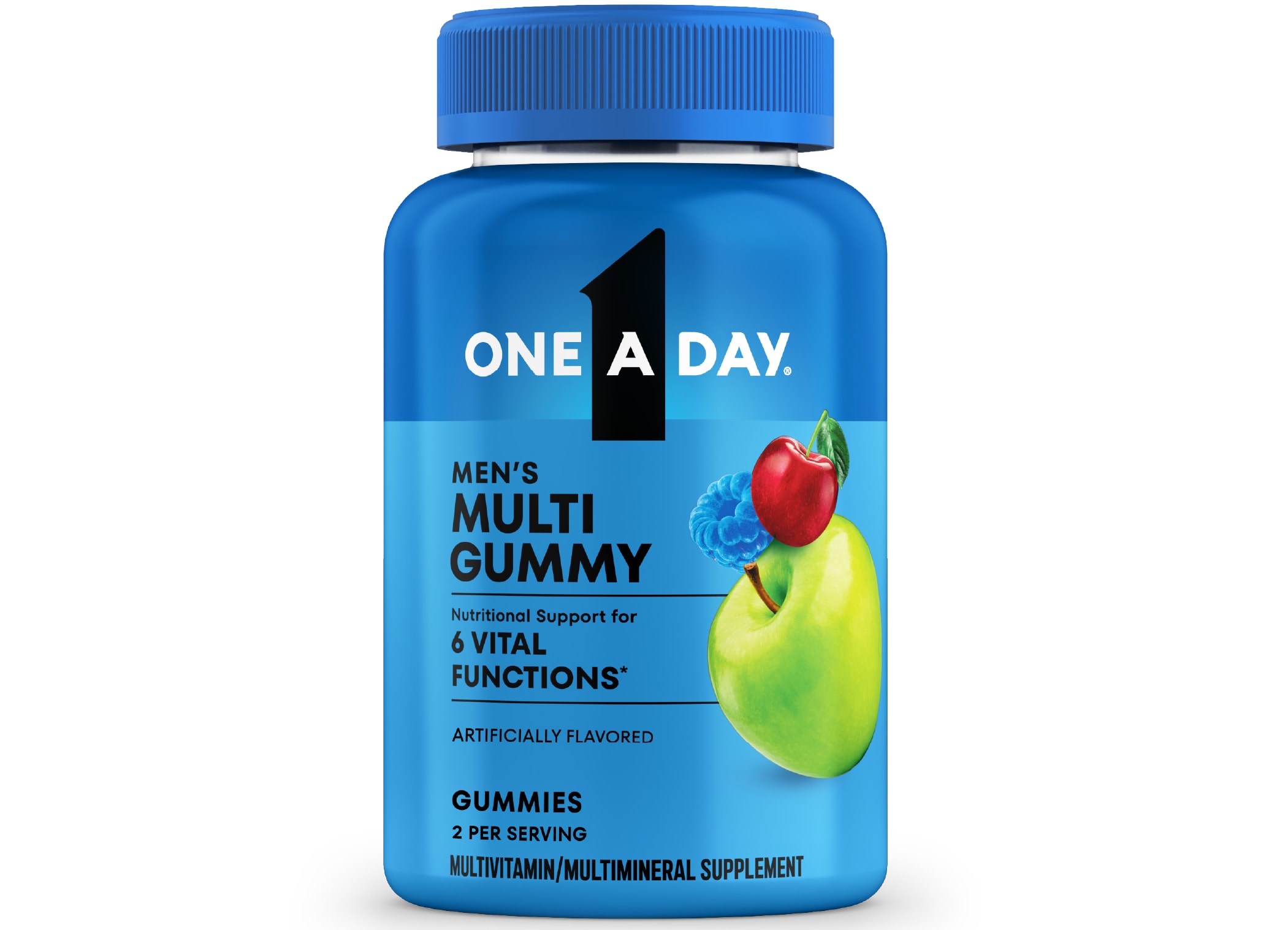 A blue bottle of One A Day® Men’s Multi Gummy that offers nutritional support for 6 vital functions*.