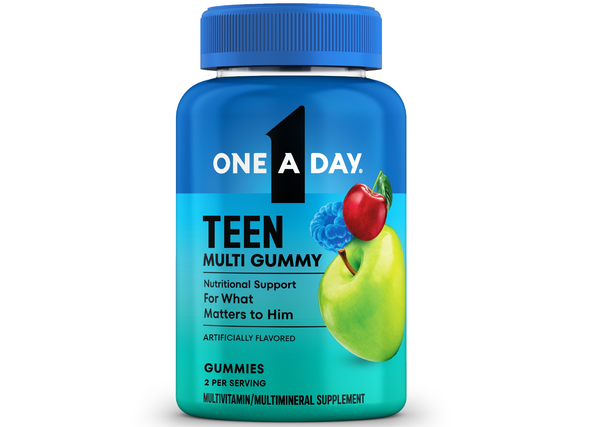 A blue bottle of One A Day® Teen Multi Gummy that offers nutritional support for young men and teens.