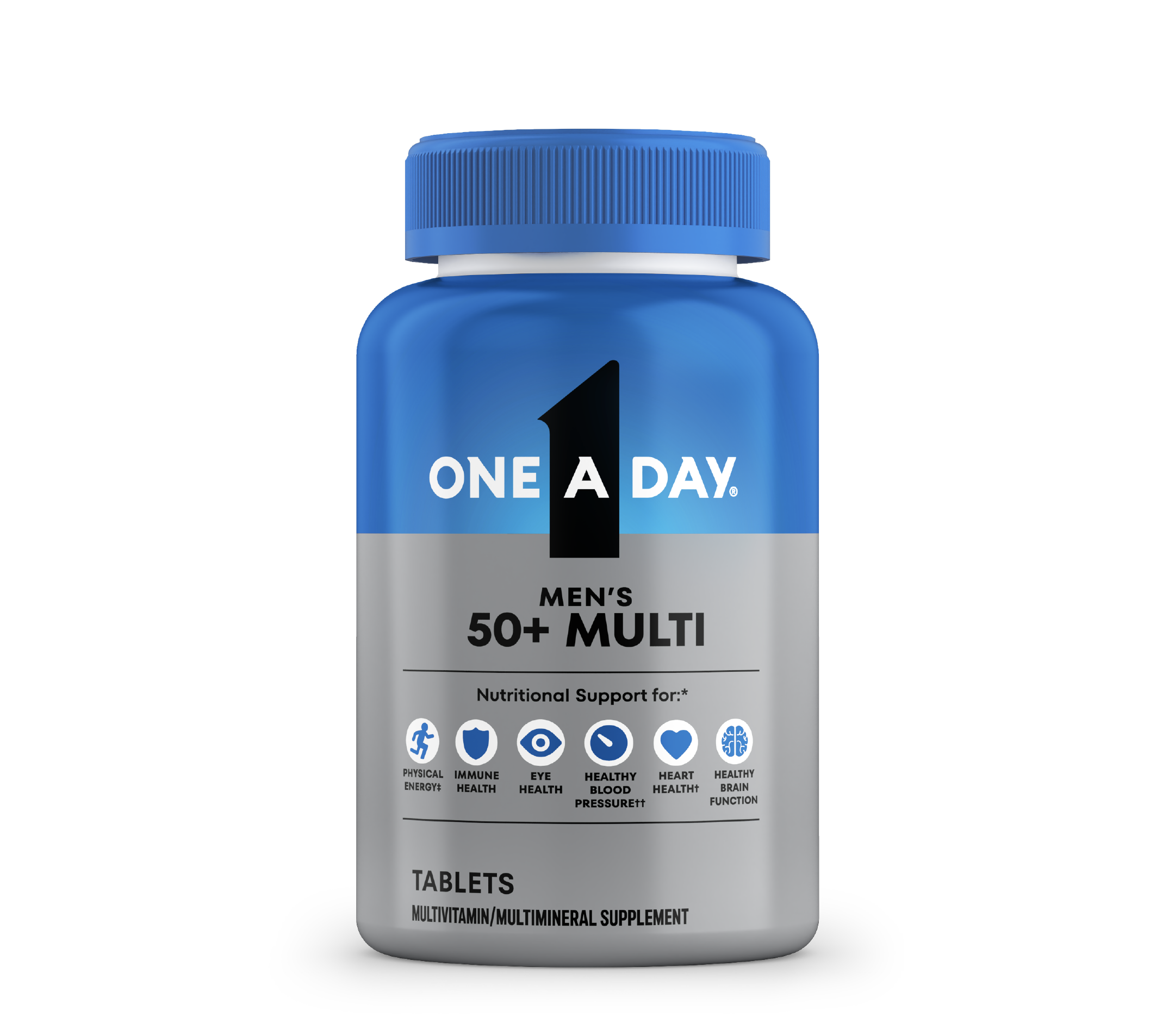 A bottle of One A Day® Men’s 50+ Multi tablets. 