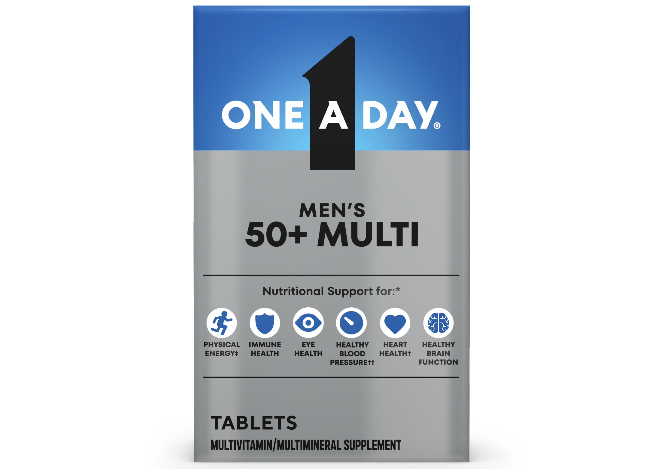 Carton of One A Day® Men’s 50+ Multi tablets. 