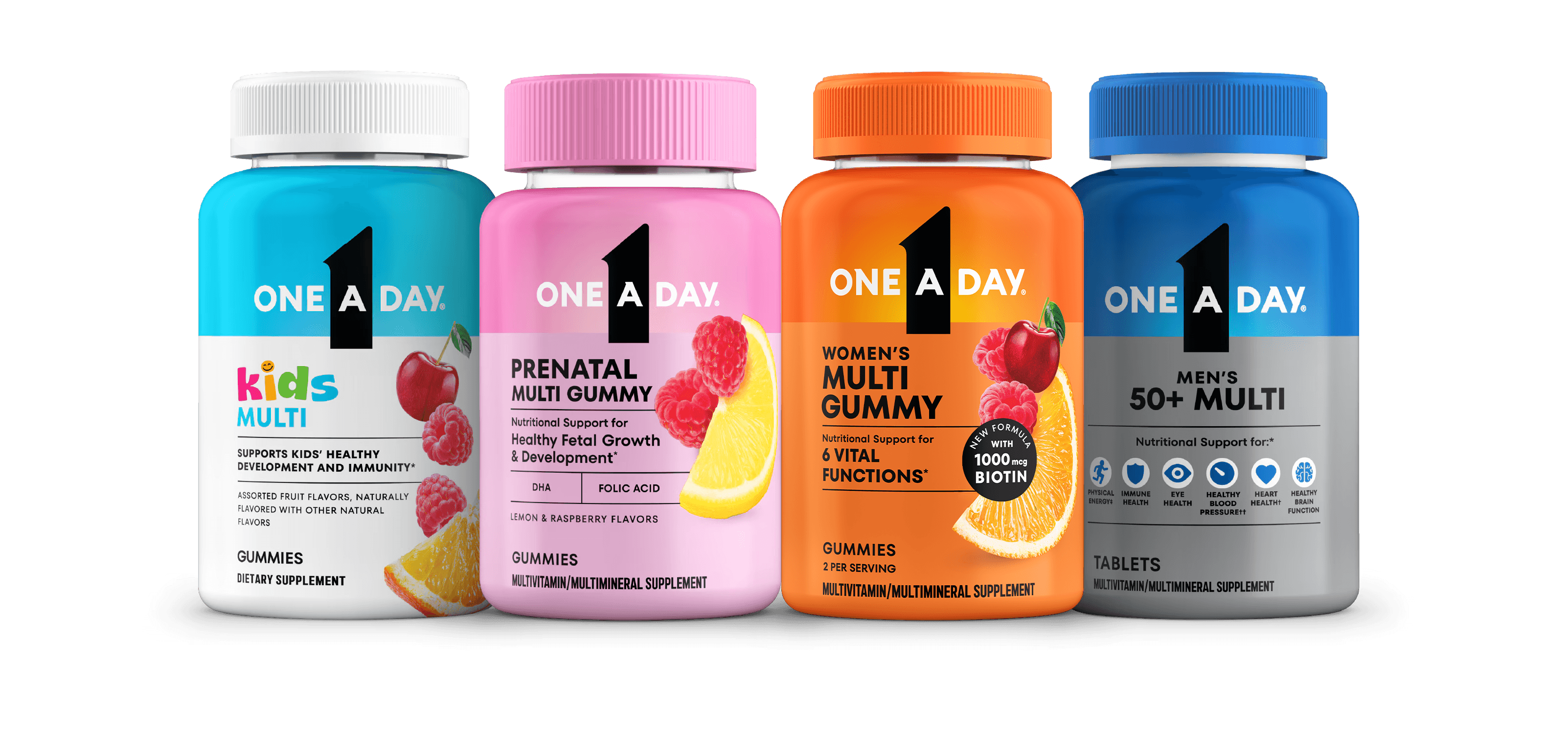 Pack of One A Day ® Kids Multi Gummies, Prenatal Multi Gummy, Women’s Multi Gummy and Men’s 50+ Multi displayed side by side.