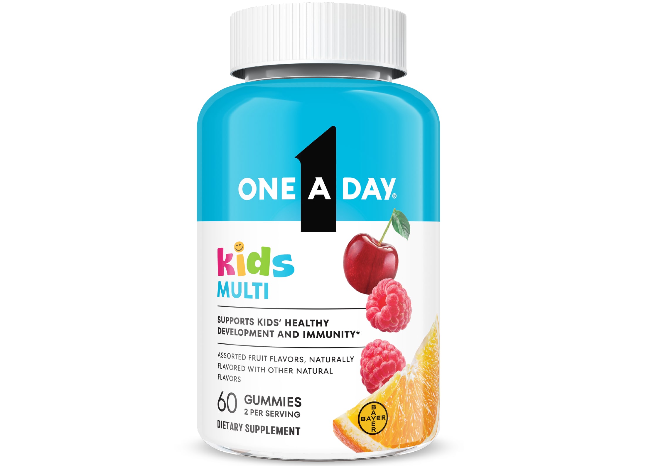Aqua blue and white bottle of One A Day® Kids Multi Gummies. 
