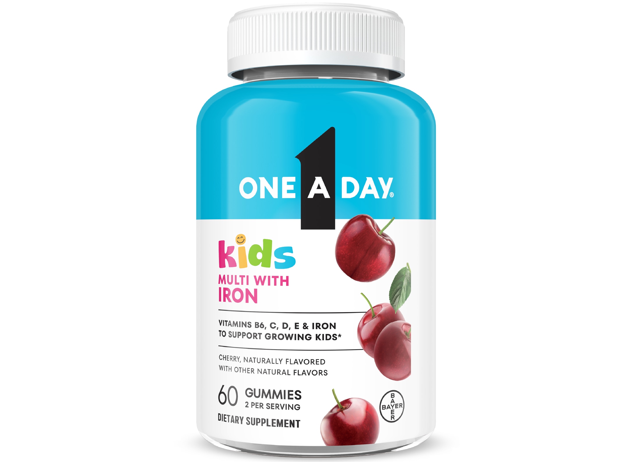 aqua blue and white bottle of One A Day® Kids Multi with Iron Gummies