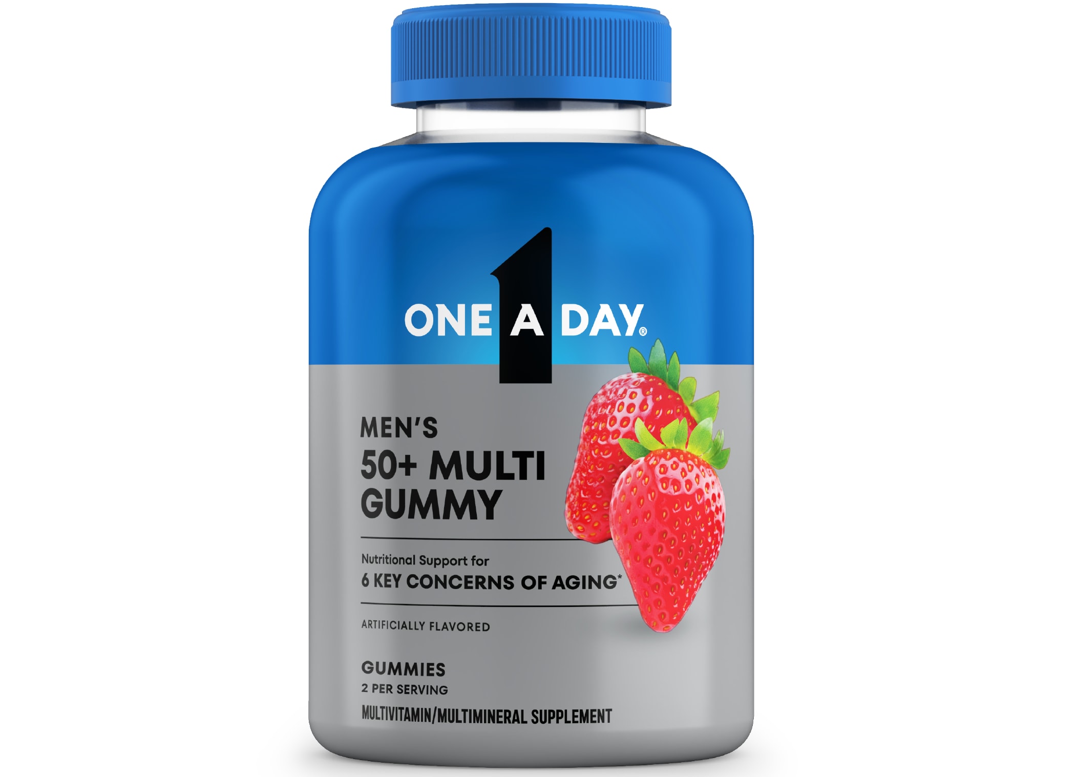 A bottle of One A Day® Men’s 50+ Multi Gummy that offers nutritional support for 6 key concerns for aging*.